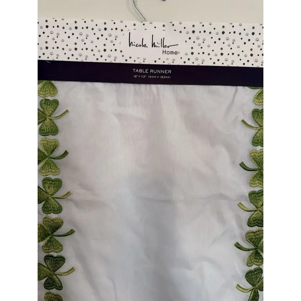 Nicole Miller Home St. Patrick’s Day Sheer Table Runner Clover Embroidery 16x72